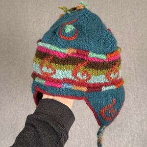 Lost Horizons 100% Wool Fair Trade Made in Nepal Hat Ear Flaps Blue Red Bobble